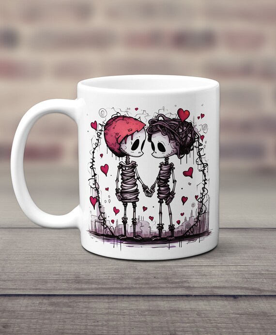 Cute Skeletons Mug, Skeleton Valentines Mug, Skeleton Lovers Mug, Skeletons Coffee Cup, Skeletons In Love Ceramic Mug, Valentines Day Gift