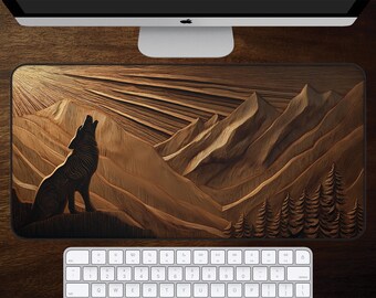 Wolf Desk Mat, Howling Wolf Mouse Pad, Mountain Wildlife Desk Pad, Woodcut Style Nature Art, Rustic Cabin Office Decor, Outdoorsman Gift