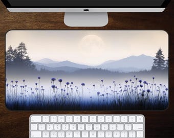 Purple Wildflower Desk Mat, Moonlit Mountain Mouse Pad, Misty Forest Desk Pad, Celestial Nature Decor, Cottagecore Office Gift