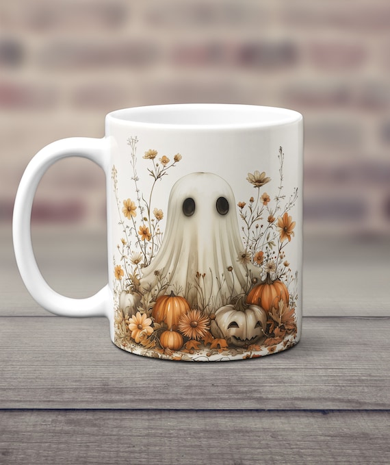 Ghost Mug, Cute Ghost Mug, Ghost Lover Cup, Ceramic Ghost Mug, Ghost Coffee Cup, Floral Ghost, Ghost Pumpkins Gift, Goth Gift, Halloween Mug