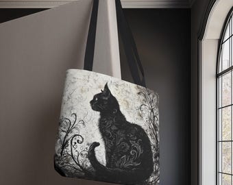 Cat Tote Bag, Black Cat Bag, Farmers Market Bag, Cute Cat Bag, Cat Shoulder Bag, Floral Cat Tote Bag, Kitty Purse, Elegant Tote Bag