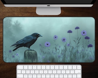 Raven Desk Mat, Gothic Mouse Pad, Purple Wildflower Desk Pad, Dark Academia Office Decor, Botanical Workspace, Witchy Cottagecore Gift