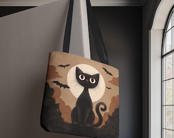 Black Cat Tote Bag, Full Moon & Bats, Gothic Witchy Bag, Celestial Cat Lover Gift, Spooky Cottagecore Tote, Mystical Night Shoulder Bag