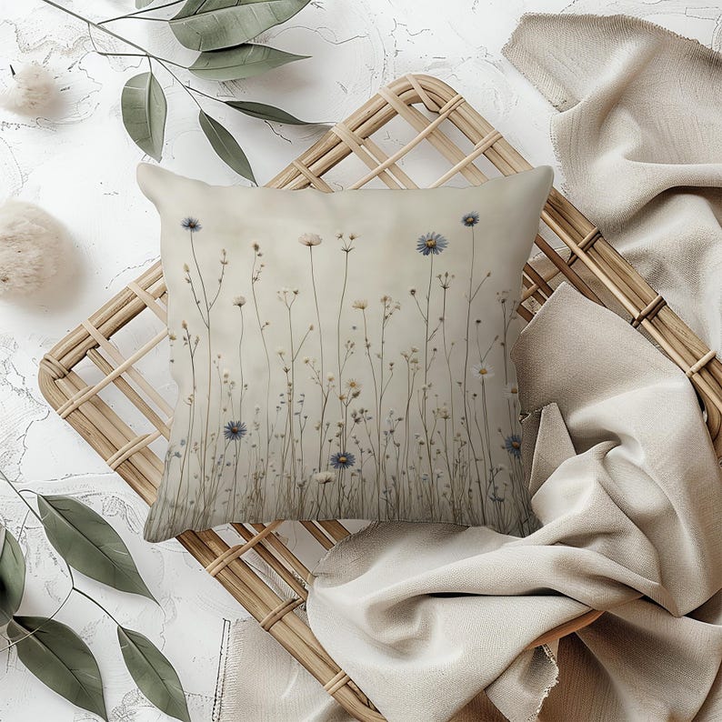 May include: Square decorative pillow with a floral design. The pillow features a beige background with a field of delicate wildflowers in shades of blue, white, and yellow. The pillow is placed on a woven wicker tray with neutral-colored fabric.