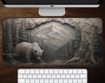 Bear Desk Mat, Woodland Animal Mouse Pad, Wood Carving Style Nature Art, Rustic Office Decor, Forest Desk Pad, Cabin Gift, Wildlife Lover