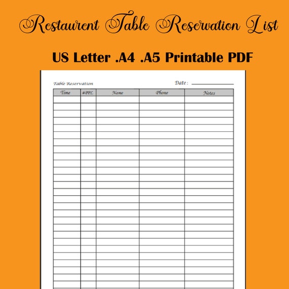 Restaurant Reservation List Printable Table Reservation Lis Etsy