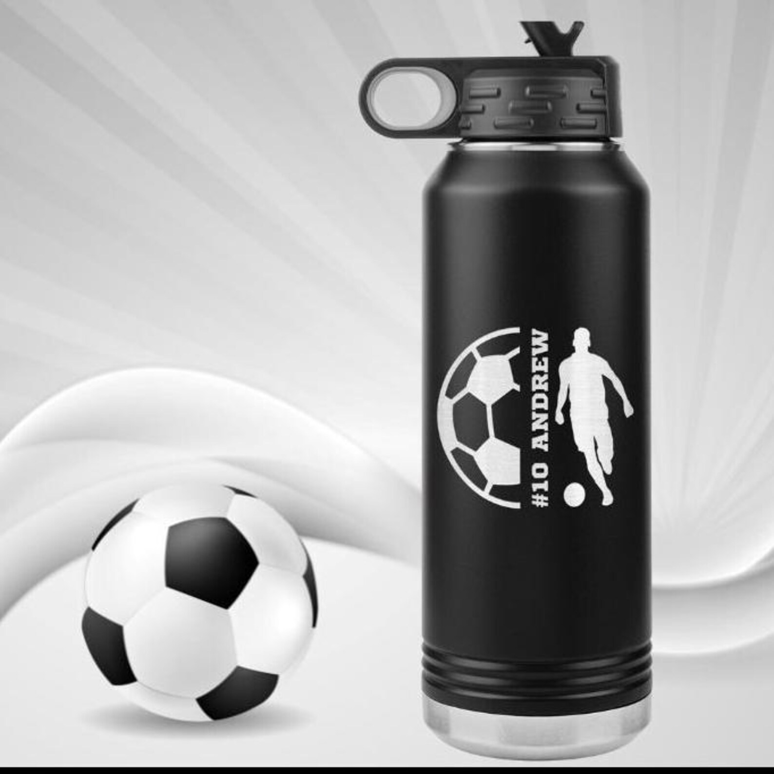Soccer Water Bottle Personalized With Name and Number, 32 Ounce, Boys ...