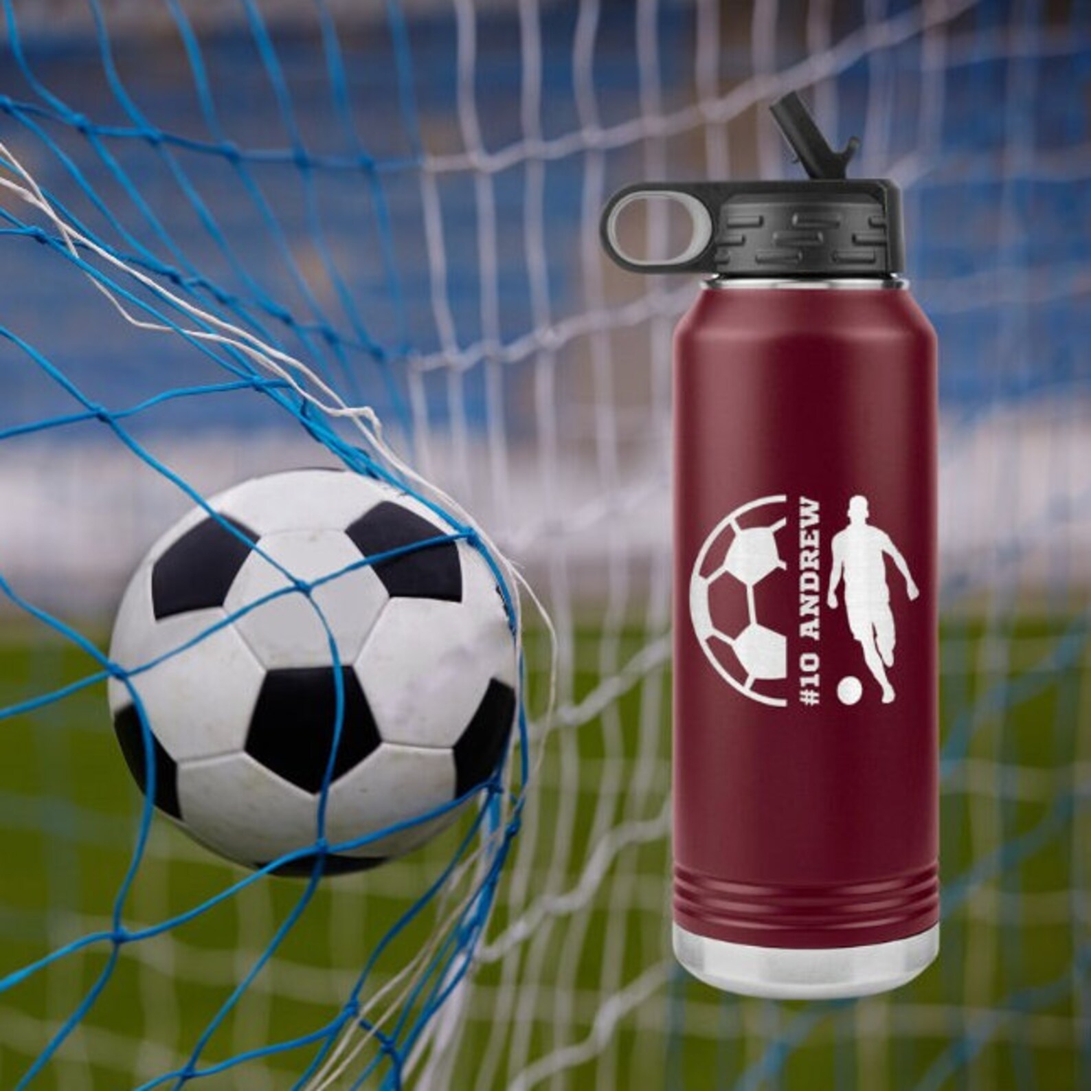 Soccer Water Bottle Personalized With Name and Number, 32 Ounce, Boys ...