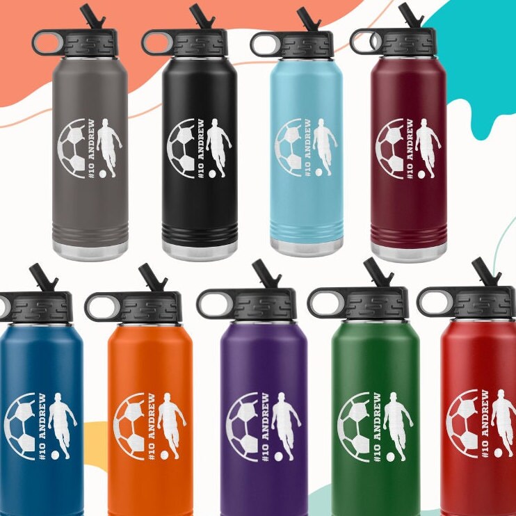 Soccer Water Bottle Personalized With Name and Number, 32 Ounce, Boys ...