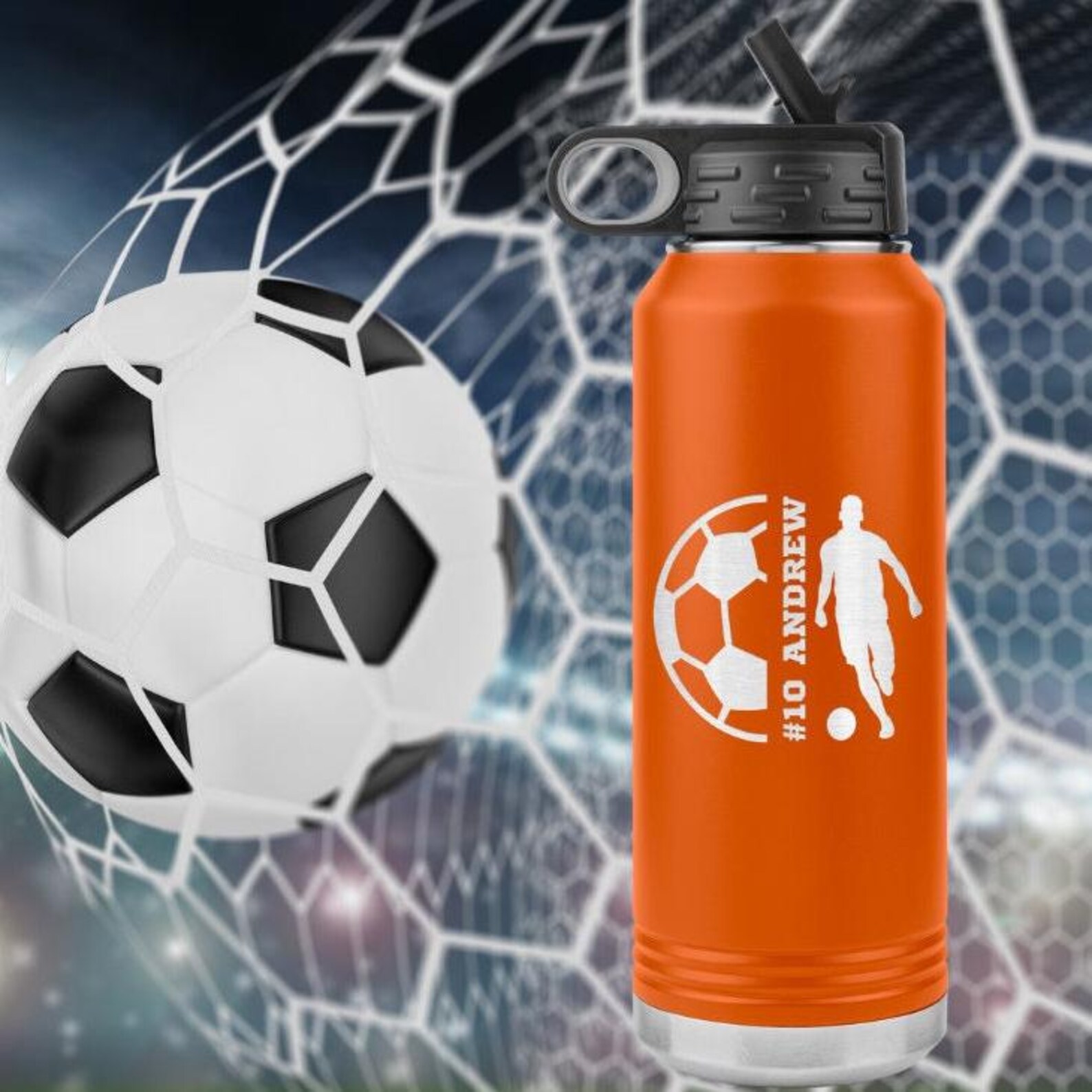 Soccer Water Bottle Personalized With Name and Number, 32 Ounce, Boys ...
