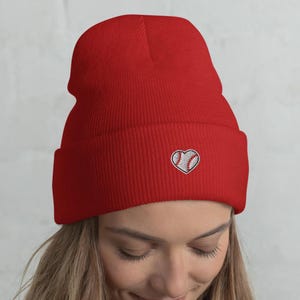 Customized Winter Beanie/Embroidered Beanie with Baseball (Heart) Logo/Beanie for Women/Baseball Mom/ Cuff Beanie for Adults/Winter Hat