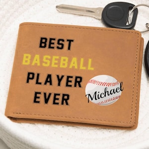 Cartera de béisbol personalizada, regalo para jugador de béisbol, diseño personalizado con nombre de niño, cartera de cuero para hijo, regalo de béisbol de mamá