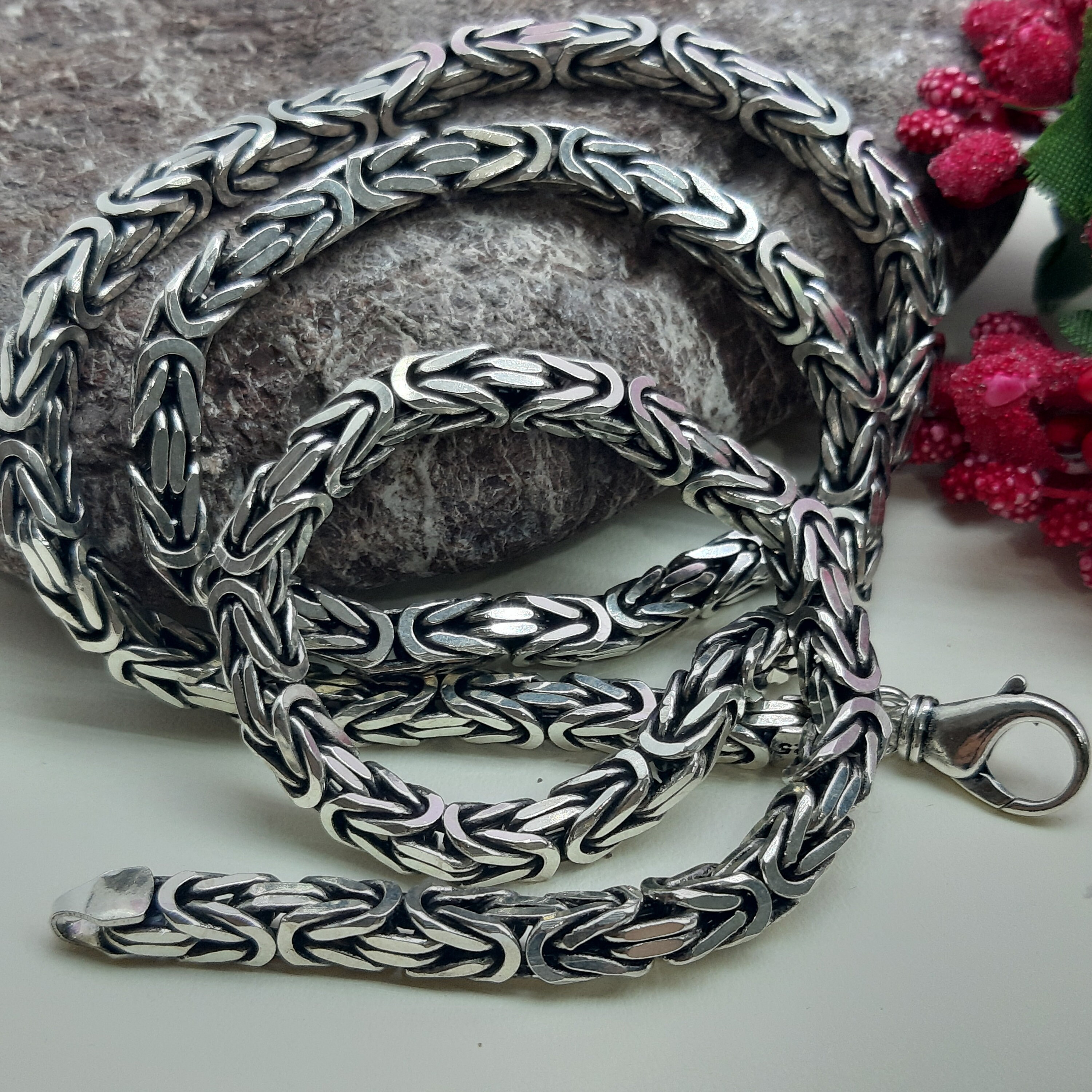 925 Sterling Silver Square King Byzantine Chain Necklace 5