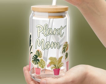 Plant Mom Glass Tumbler For Iced Coffee Trendy Sipper Glass Cup For Mother's Day Gift Idea Monstera Iced Coffee Cup For Plant Lovers