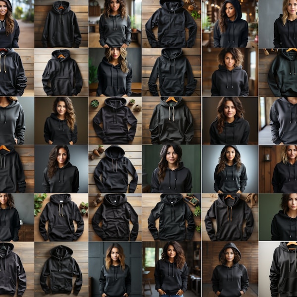 100 Black Hoodie MockUps Print on Demand Mock Up Female Gildan Styled Stock Photo Graphic Design print Template Hoody PNG Digital Download