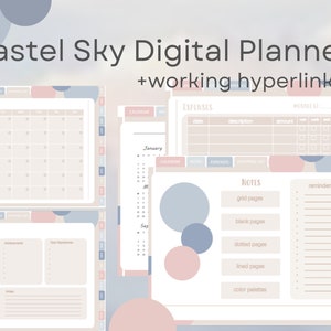 May include: A digital planner with a pastel sky theme. The planner includes calendar, expense tracking, and note-taking pages. The text "Pastel Sky Digital Planner + working hyperlinks" is displayed at the top. The design incorporates soft pink, blue, and beige colors.