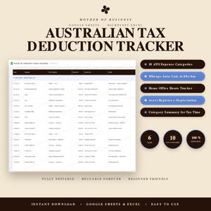Könnte beinhalten: Eine digitale Tabellenkalkulation zur Verfolgung australischer Steuerabzüge für Google Sheets und Microsoft Excel. Die Benutzeroberfläche zeigt Spalten für Datum, Anbieter, Kategorie, Betrag und Notizen. Zu den Funktionen gehören 10 ATO-Ausgabenkategorien, automatische Kilometerberechnung, ein Home-Office-Stundenzähler, ein Anlagenverzeichnis und Kategorienzusammenfassungen.