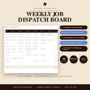 Peut inclure: Un modèle numérique de tableau de répartition hebdomadaire des tâches pour Google Sheets et Microsoft Excel. La mise en page présente une grille pour 10 travailleurs du lundi au samedi, avec des colonnes pour l'allocation des tâches et le suivi.