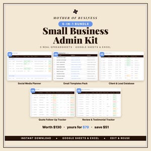 Puede incluir: Un kit administrativo para pequeñas empresas 5 en 1 que incluye cinco hojas de cálculo digitales para Google Sheets y Excel. Contiene un planificador de redes sociales, paquete de plantillas de correo, base de datos de clientes, seguimiento de presupuestos y testimonios.