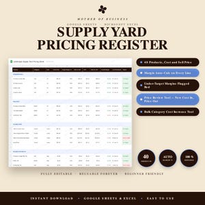 May include: A digital supply yard pricing register template for Google Sheets and Microsoft Excel. The spreadsheet features columns for product, category, unit, cost, margin, and price, with text highlighting 40 products and auto-calc features.