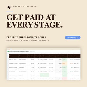 May include: A digital project milestone tracker template for Google Sheets and Excel. The graphic features the text MOTHER OF BUSINESS, GET PAID AT EVERY STAGE, and 6 MILESTONES. Below, a spreadsheet displays columns for project, client, value, and status.