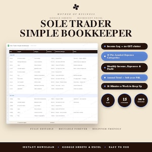 Könnte beinhalten: Eine digitale Buchhaltungstabelle für Google Sheets und Microsoft Excel mit dem Titel Sole Trader Simple Bookkeeper. Die Benutzeroberfläche zeigt Spalten für Datum, Lieferant, Kategorie, Betrag, Referenz und Notizen sowie Funktions-Highlights.