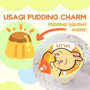 May include: A Usagi Pudding Charm with a cartoon illustration of a bunny eating pudding. The charm has a yellow and brown color scheme, with the text "Pudding Squishy Inside!" and "Usagi Pudding Charm".