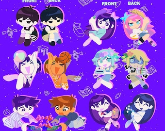 Peut inclure: Plusieurs illustrations de personnages de dessins animés colorés, avec des vues avant et arrière, sur un fond violet vif. Les personnages sont dans diverses poses, certains tenant des objets comme un ballon de basket ou une manette. Le style est inspiré de l'anime.