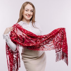 Burgundy Deep Red Sparkle Red Rose Sequin Scarf Shawl Fringe Tassel Detailing Elegant Evening Wrap Glamorous Occasions
