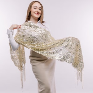 Light Gold Lace Embroidery Sequin Scarf Shawl Fringe Tassel Wedding Cape Wedding Shawl Floral Embroidery Sequin Scarf