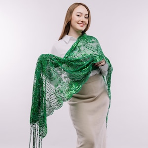 Green Sparkle FLORAL Sequin Scarf Shawl Fringe Tassel
