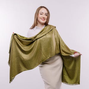 Olive Green Gold Shimmer Shawl Shining Green Scarf – Elegant Wedding Shawl, Bridesmaid Wrap & Special Event Accessory