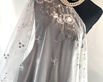 White Sequin Wedding Scarf: Sheer Floral Embroidered Shawl