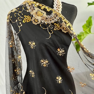 Black Gold Elegan Black Lace Embroidery Sequin Scarf Shawl Fringe Tassel Wedding Cape Wedding Shawl Floral Embroidery Sequin Scarf