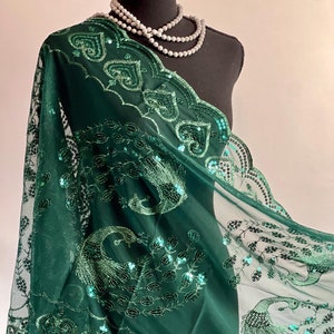 DEEP GREEN Peacock Embroidered Wrap – Sequin Elegant Shawl for Special Occasions