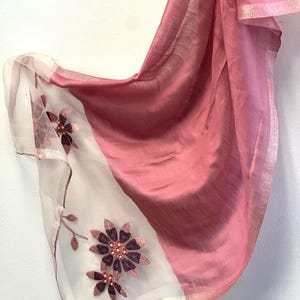 PINK Silk Scarf Charming Shining Organza Silk Scarf: Embroidery on Translucent Elegance for Weddings and Evening Affairs Floral Embroidery