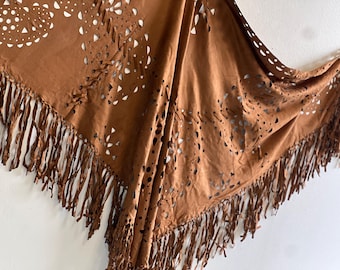 Faux Suede Fringe Triangle Shawl: Laser Cut Boho Western Wrap