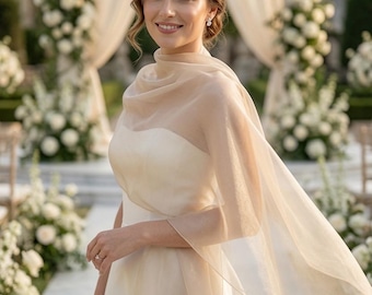 Champagne Gold Sheer Evening Shawl – Metallic Luster Wedding Wrap for Brides, Formal Events