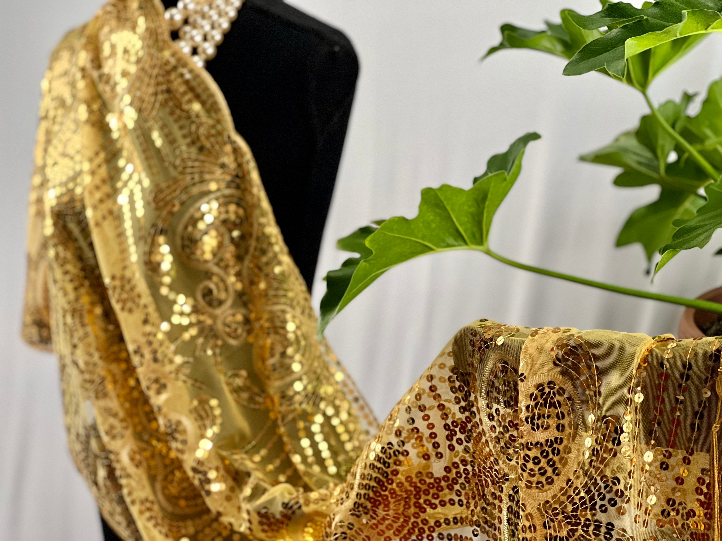 Sparkle FLORAL Gold Sequin Scarf Shawl Fringe Tassel