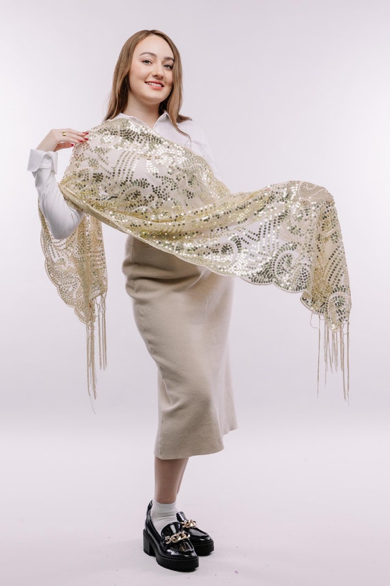 Lace Sequin Shawl For Wedding Long Sparkly Sequin Sheer Tulle Lace
