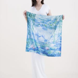 Waterlilies Double-Sided Square Silky Scarf – Wearable Art Scarf, Reversible Iconic Artwork by Legendary Artists, 27&quot;x27&quot; (70x70cm)