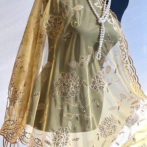 Yellow Gold Elegant Floral GOLD Lace Embroidery Sequin Scarf Shawl Fringe Tassel Wedding Cape Wedding Shawl Floral Embroidery Sequin Scarf