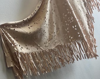 Cream Fringe Triangle Shawl: Laser-Cut Floral Western Wrap
