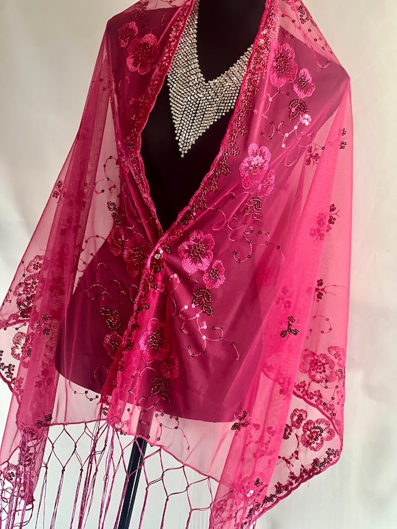 Fuchsia PINK Sparkle Pink Floral Sequin Scarf Shawl Fringe