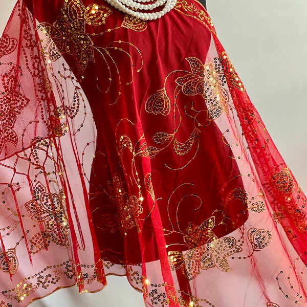 Charming RED GoldLace Embroidery Sequin Scarf Shawl Fringe Tassel Wedding Cape Wedding Shawl Floral Embroidery Sequin Scarf
