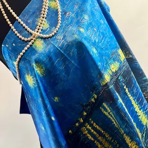Starry Night Over The Rhone Double-Sided Square Silky Scarf – Wearable Art Scarf Iconic Artwork by Legendary Artists, 27&quot;x27&quot; (70x70cm)