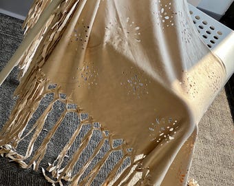 Western Fringe Shawl: Laser-Cut Floral Suede Boho Wrap