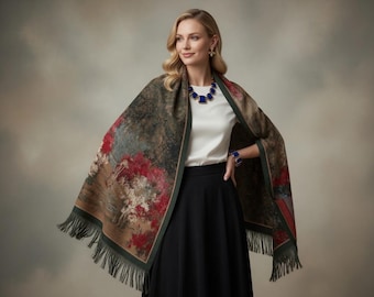 May include: A patterned shawl in earthy tones of brown, green, and red, with a fringed trim. The shawl is worn over a white top and black skirt. The model is wearing blue jewellery.