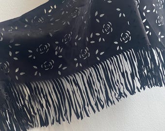 Black Western Scarf: Faux Suede Fringe Shawl - Laser-Cut Floral