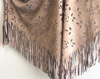 Camel Suede Fringe Shawl: Laser-Cut Floral Western Scarf
